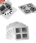 10 Pack 4 Inch Square Disposable Shower Drain Hair Catcher Stickers Solid Mesh Filter For Bathroom Floor And Tub Overflow showing filters and application.