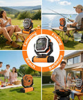 Beast 20000mAh Rechargeable Camping Fan With Digital Battery Gauge outdoor use for camping, fishing, beach, and barbecue.