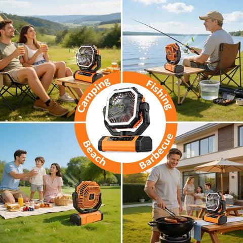 Beast 20000mAh Rechargeable Camping Fan With Digital Battery Gauge outdoor use for camping, fishing, beach, and barbecue.