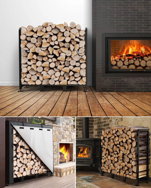 Outdoor Firewood Rack With Cover And Heavy Duty Wood Storage For Firewood Waterproof Logs Holder by fireplace indoors.