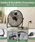 Beast 18 Inch Industrial High Velocity Floor Fan With 3 Speed Metal Build in garage setting with safety and durability features.