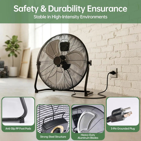 Beast 18 Inch Industrial High Velocity Floor Fan With 3 Speed Metal Build in garage setting with safety and durability features.