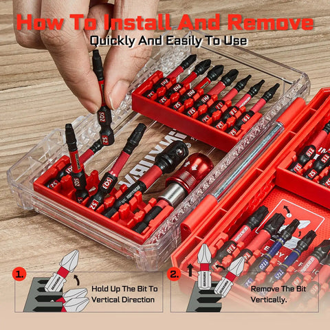 Hand assembling 27 Piece Impact Screwdriver Bits Set with Magnetic S2 Steel Tips Phillips Slotted Square Torx for heavy duty jobs.