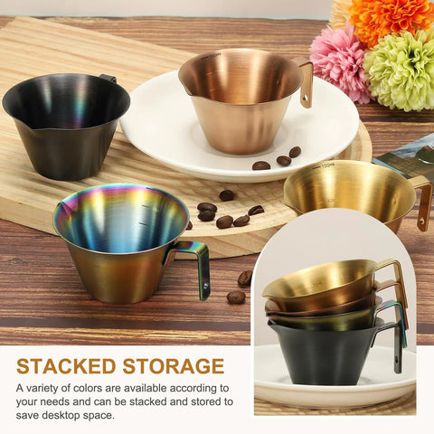 Stacked 2 Pack Stainless Steel Espresso Measuring Cups With Handle, V Shaped Mouth, Spout, And Scale, 3.4 Oz 100 Ml, Gold Finish
