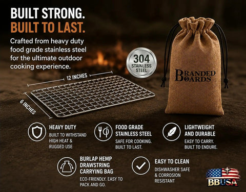 Portable Bushcraft Stainless Steel 304 BBQ Grill Grate with Burlap Hemp Drawstring Bag Large 6x12 Inch Outdoor Camp Cooking Gear image