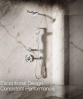 Forte Multifunction Handheld Shower Head With Three Spray Settings, Polished Chrome, installed on marble wall