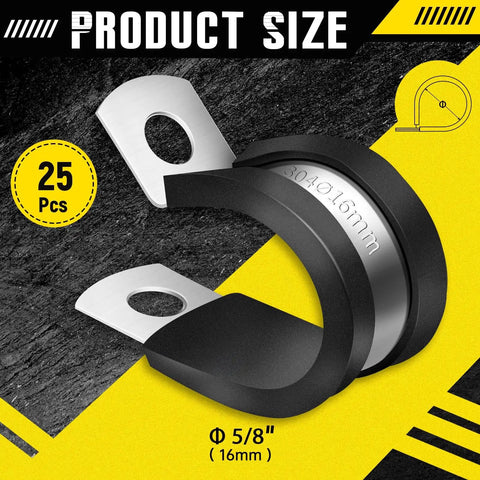 25 Pcs Rubber Cable Clamps Five Eighth Inch Stainless Steel Insulated Wire Clamps for Tube Pipe and Hose Installation