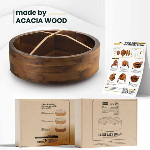 Premium 12 Inch Acacia Wood Lazy Susan Rotating Tray with four removable dividers and smooth turn for tabletop display.