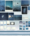 114 Piece Aesthetic Scrapbook Kit For DIY Junk Journaling Supplies Including Posters, Stickers, Washi Tape, Cards, PET Film, Text Paper, And More featuring blue-themed posters and stickers showcasing ocean and mountain scenes.