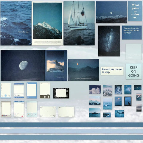 114 Piece Aesthetic Scrapbook Kit For DIY Junk Journaling Supplies Including Posters, Stickers, Washi Tape, Cards, PET Film, Text Paper, And More featuring blue-themed posters and stickers showcasing ocean and mountain scenes.