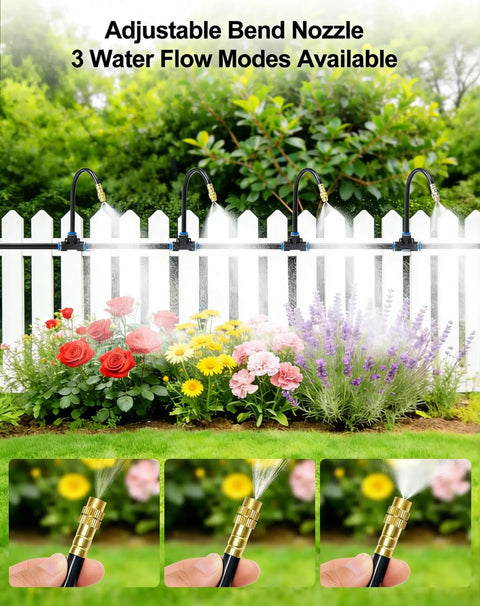 5/16 Inch Drip Irrigation Kit 100ft High Flow Garden Watering System with 16 bendable 360 degree brass misting nozzles in use