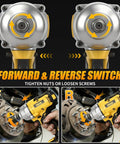 Grease Monkey Ready Brushless Cordless Impact Wrench 1/2 Inch High Torque 740 Ft Lbs showing forward and reverse switch for tightening and loosening fasteners.