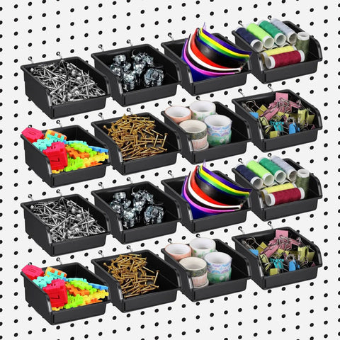 16 Pack Black Pegboard Bins With Metal Hooks Heavy Duty Plastic Storage Organizer for garage workshop and craft room.