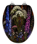 Elongated Botanical Stained Glass Garden Wildflowers Ornate Toilet Seat with colorful floral design on a glossy surface.