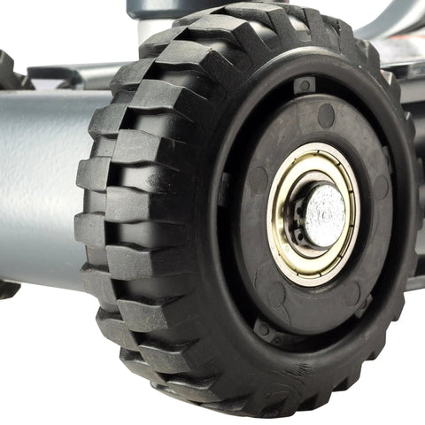 Close-up of 4-inch wheel on 2.5-Ton Off-Road Trolley Jack With Oversized 4-Inch Wheels Saddle Extension Integrated Handle Storage
