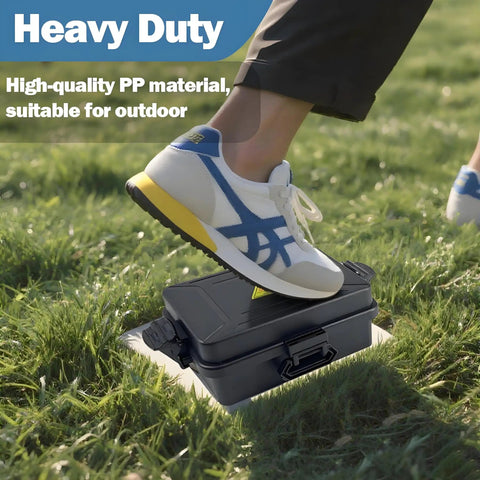 Person stepping on Mini Outdoor Electrical Box IP54 Waterproof Extension Cord Cover, showing durability on grass surface.