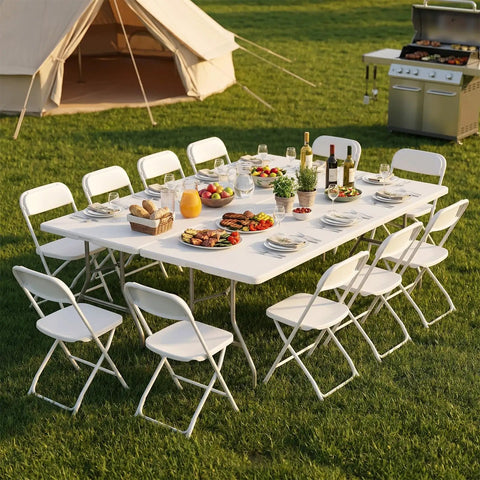 8 Feet Folding Picnic Table With Carry Handle, Heavy Duty Portable Plastic Table for Camping set up with chairs on grass