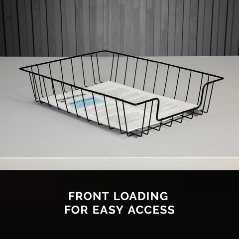 Wire Desk Tray Organizer For Letter And Legal Size Papers Black 5 Inch Buildable File Bin front view with paper