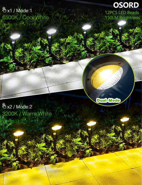 Solar Pathway Lights Outdoor 4 Pack High Brightness 150 LM IP65 Waterproof with Warm and Cool 2 Color Modes No Wiring Required No Fuss Setup Landscape Lighting for Walkways Driveways Gardens Yards Patios