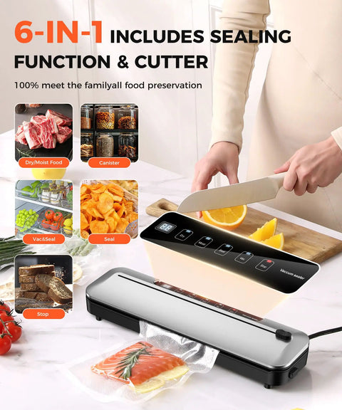 Person using Vacuum Sealer Machine 75KPa With 6-In-1 Dry And Moist Modes Digital Timer Built-In Cutter And External Vac For Jars