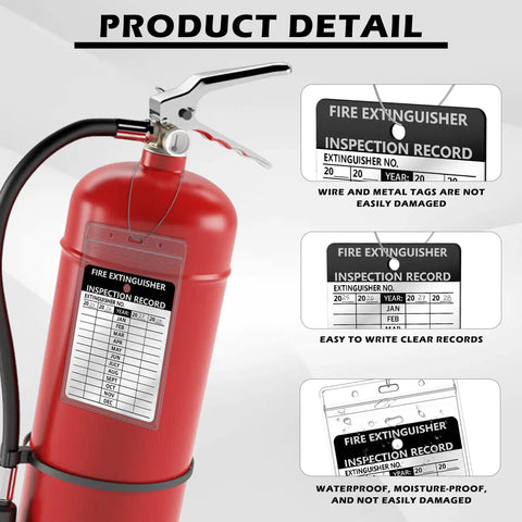 Fire extinguisher with inspection tag kit, showing 25 Pack Fire Extinguisher Inspection Tags With Waterproof Plastic Covers, aluminum tags, wire seals