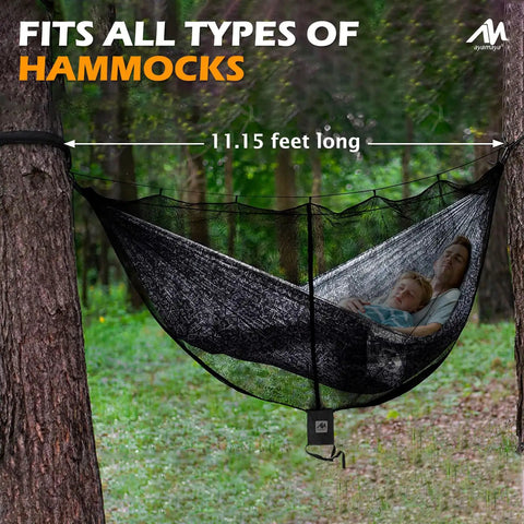 Extra Large Hammock Bug Net With Double Sided Zipper 11.15 Ft Long By 5 Ft Wide fits double hammock in forest