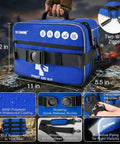 Blue Six In One Modular First Aid Kit With Waterproof Pockets showing dimensions and features, on a landscape background.