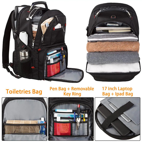 Extra Large Travel Laptop Backpack For Men And Women TSA Friendly Heavy Duty Workhorse Backpack Fits 17 Inch Laptops RFID Protected Backpack With 20 Pockets For Fast Organized Travel And Everyday Work, showing open compartments with toiletries bag, pen bag, and laptop storage.
