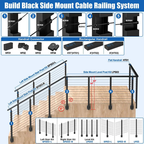 Heavy Duty 10 Foot Stainless Steel Cable Railing Handrail Built Tough For Your Deck Or Stair Project black side mount system diagram.
