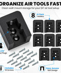 Heavy Duty Quarter Inch Air Tool Holder Wall Mount Eight Pack Pneumatic Organizers with screws for garage tool storage.