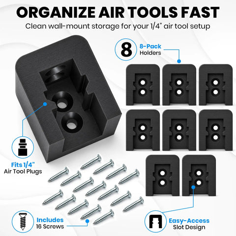 Heavy Duty Quarter Inch Air Tool Holder Wall Mount Eight Pack Pneumatic Organizers with screws for garage tool storage.