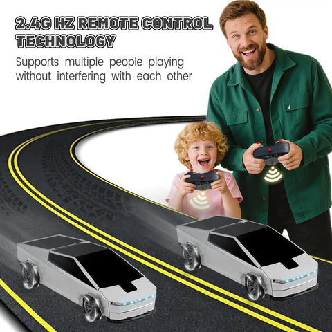 Father and child playing with Cyber Inspired Transformer Remote Control Car For Kids 2.4 GHz RC Vehicle on a track