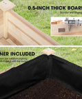 Close-up of the Elevated Wooden Raised Garden Bed On Wheels With Storage Shelf And Protective Liner Outdoor Planter Box Measures 46 By 24 By 32 Inches showing 0.5-inch thick board and liner included.