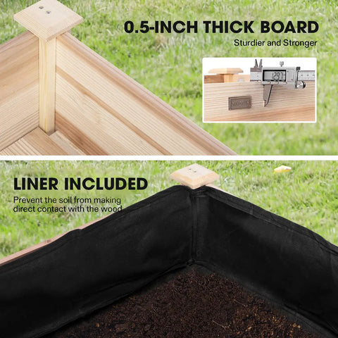 Close-up of the Elevated Wooden Raised Garden Bed On Wheels With Storage Shelf And Protective Liner Outdoor Planter Box Measures 46 By 24 By 32 Inches showing 0.5-inch thick board and liner included.