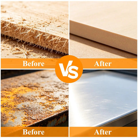 Before and after results using 3 Inch Wet Dry Sanding Discs Polishing Kit, showing wood and metal surfaces polished.