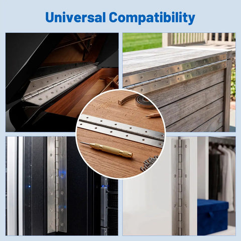 Two Pack 48 Inch Stainless Steel Piano Hinge Hella Durable Heavy Duty Continuous Door Hardware For Industrial Cabinets And Furniture Badass Full Span Design With Precision Metal Locator And Easy Mount images showing compatibility on various furniture surfaces.