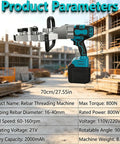 Heavy Duty Cordless Electric Rebar Threader With Brushless Motor Makes Fast Steel Bar Threading A Breeze For Construction Crews, Saving Time And Muscle Power On Site Without Hassle, shown with battery and specifications.