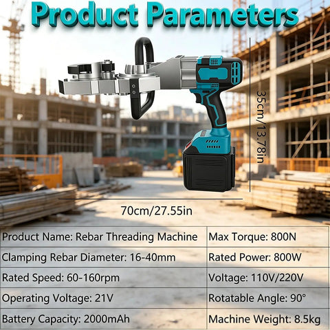 Heavy Duty Cordless Electric Rebar Threader With Brushless Motor Makes Fast Steel Bar Threading A Breeze For Construction Crews, Saving Time And Muscle Power On Site Without Hassle, shown with battery and specifications.