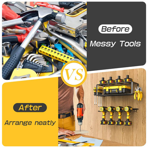 Comparison of messy tools versus organized tools on Heavy Duty Wall Mounted Power Tool Organizer 3 Tier Storage Rack For Cordless Drill Tools Strong Wire Mesh Top And Iron Support Space Saving Vertical Organizer Perfect Gift For Dad 2 Pack