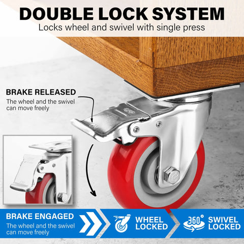 Heavy Duty 4 Inch Caster Wheels Set Of 4 With Brakes 2200 Lbs Load Capacity Lockable Cart Wheels 360 Degree Rotatable