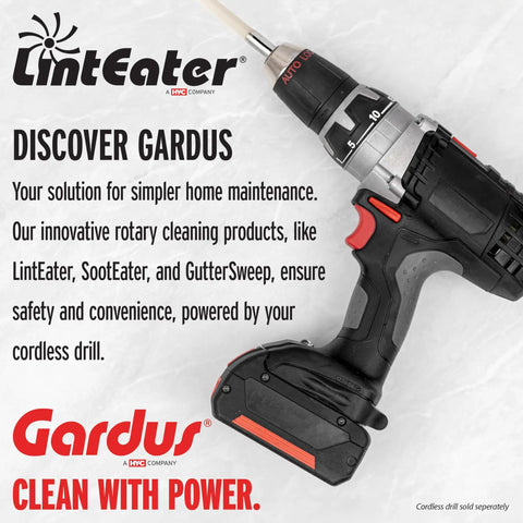 Cordless drill with attachment for Rotary Dryer Vent Cleaning Kit With Long Reach Up To 12 Feet Includes 4 Flexible 3 Foot Rods And Air Duct Cleaning Tools So You Can Clean Lint Fast With A Cordless Drill Attachment For Safer Faster Drying And Lower Bills next to brand logos and text description.