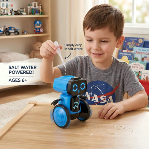 Child using Saltwater Powered Robot Kit for STEM Learning No Batteries Needed DIY Science Toy Gift Kid Friendly Perfect