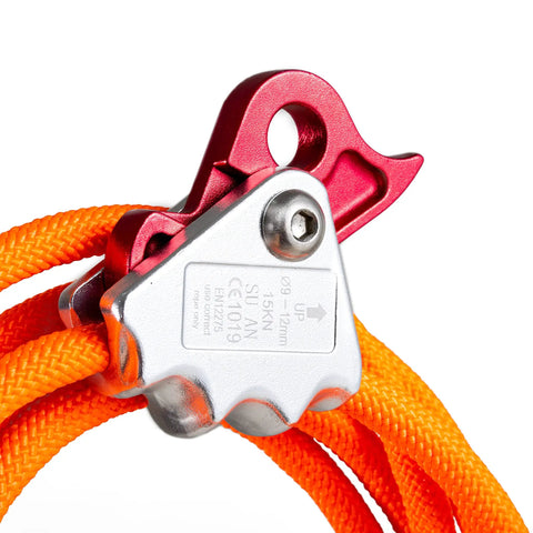 Close-up of orange rope and metal clip from Half Inch Steel Core Flipline Kit For Tree Climbing Eight Foot Adjustable Lanyard