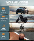 Portable Tire Inflator Air Compressor pressure modes for car, motorcycle, bike, and ball with 180 PSI and digital gauge.