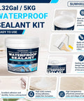 Heavy Duty Clear Waterproof Sealant With No Sweat Leak Repair Coating For Concrete Walls Roofs Metal Wood Solid Flexible Invisible Shield For Indoors Outdoors Trusted Durable Formula 1.32Gal waterproof sealant kit shown in container.