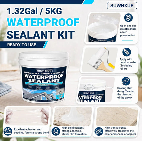 Heavy Duty Clear Waterproof Sealant With No Sweat Leak Repair Coating For Concrete Walls Roofs Metal Wood Solid Flexible Invisible Shield For Indoors Outdoors Trusted Durable Formula 1.32Gal waterproof sealant kit shown in container.