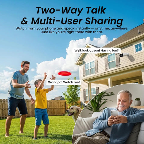 Family playing with a dog in backyard with 100 Percent Wireless Solar Powered Outdoor Security Cameras With 2K Color Night Vision installed on house
