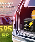 12V 20Ah LiFePO4 battery in car trunk, lightweight at 5.95 lbs, showcasing portability for off-grid camping and solar use