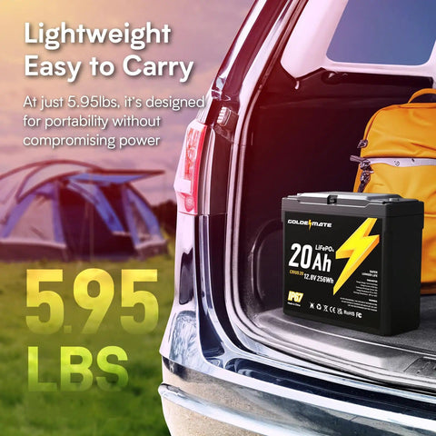 12V 20Ah LiFePO4 battery in car trunk, lightweight at 5.95 lbs, showcasing portability for off-grid camping and solar use