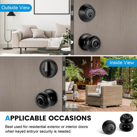 4 Pack Front Door Lock Set in Matte Black With Deadbolt and Door Knob, Keyed Alike Single Cylinder Lockset on door